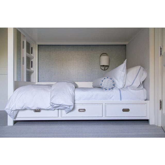 Transitional Pair of Urban Electric Large Nickel Bit Sconces With Linen Shades For Sale - Image 3 of 10