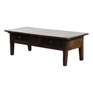 Antique 18th Century Southern European Coffee Table Made of Chestnut Wood with Two Drawers and a Patina For Sale