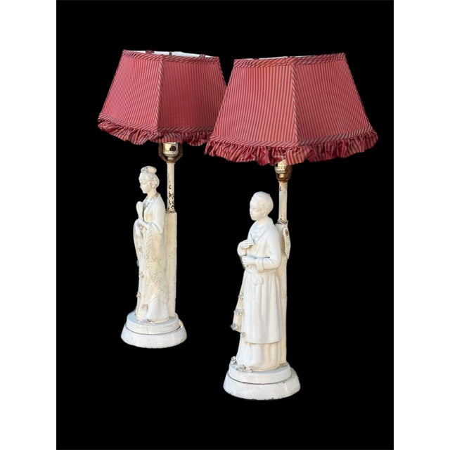 1940s Pair of Lamps White Porcelain Figurines With Custom Pinstriped Shades For Sale - Image 15 of 16