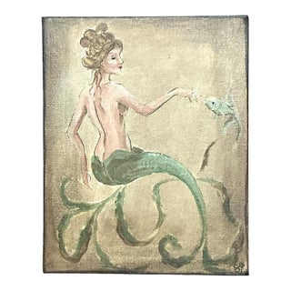 Vintage Oil Painting of Mermaid on Canvas For Sale