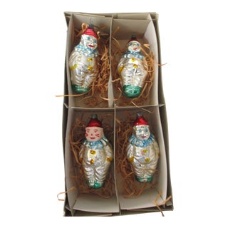 Vintage German Christmas Hand Blown Mercury Glass Clown Ornaments Box of 4 For Sale