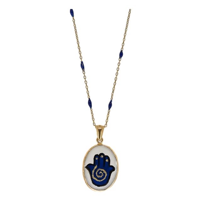 Hamsa Hand Good Fortune Blue Pendant Gold Chain Necklace For Sale