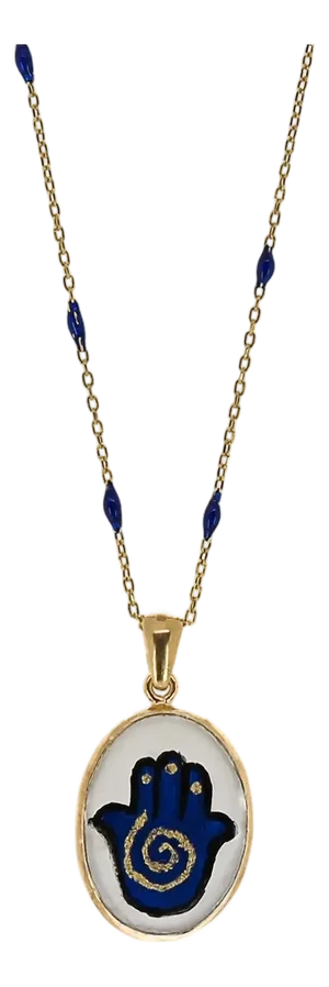 Hamsa Hand Good Fortune Blue Pendant Gold Chain Necklace