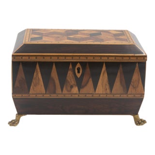 Early 19th Century Specimen Wood Tea Caddy With Perspective Cube and Vandyke Parquetry For Sale