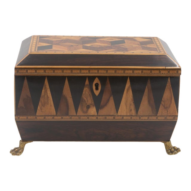 Early 19th Century Specimen Wood Tea Caddy With Perspective Cube and Vandyke Parquetry For Sale