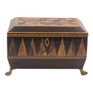 Early 19th Century Specimen Wood Tea Caddy With Perspective Cube and Vandyke Parquetry