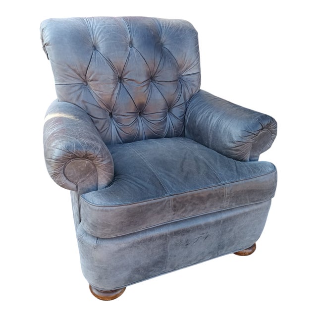 Slate Gray A Stunning Bluish-Grey Distressed Lake Hickory Collection Leather Chair & Ottoman. For Sale - Image 8 of 9