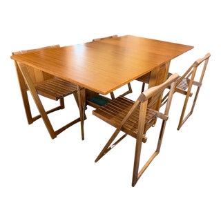 1960s Romanian Mid-Century Modern Hideaway Drop Leaf Dining Set With 4 Chairs - 5 PCS For Sale