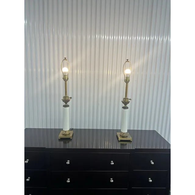 American Pair of 1980s White Ceramic & Brass Lamps For Sale - Image 3 of 12