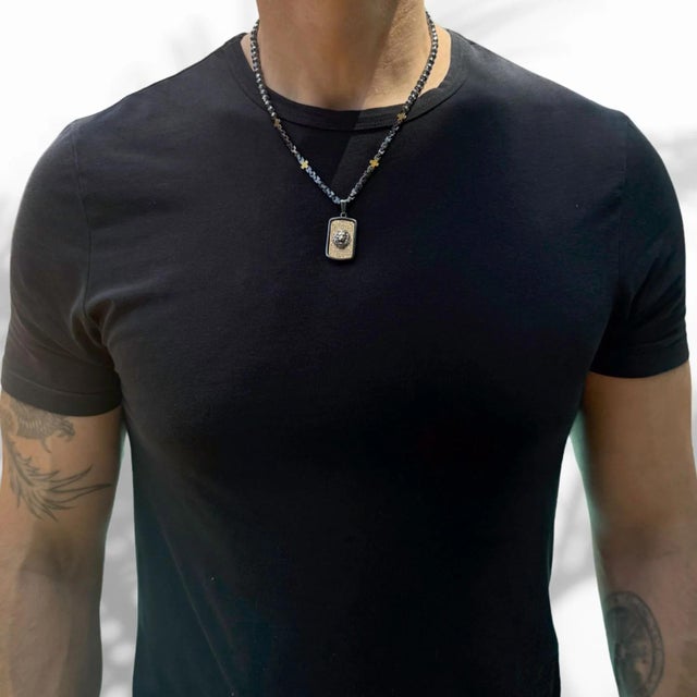 Sterling Silver Lion Pendant Hematite Stone Beaded Men's Necklace For Sale In Miami - Image 6 of 9