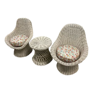 1960d Pair of Child's Wicker Chairs and Table Set- 3 Pieces