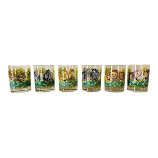 Mid Century Handpainted Dorothy Thorpe Safari or Jungle Rocks Glasses- Set of Six For Sale