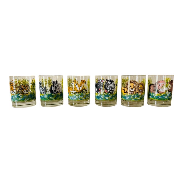 Mid Century Handpainted Dorothy Thorpe Safari or Jungle Rocks Glasses- Set of Six For Sale