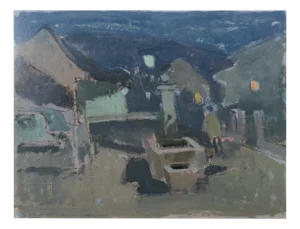 Karl Moor, The Square, Figurative Abstract Oil, 1960s, Oil on Board