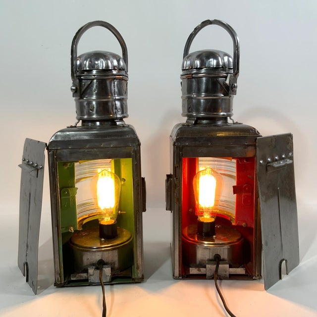 Mid 20th Century Polished Steel Port and Starboard Ship Lanterns For Sale - Image 5 of 8