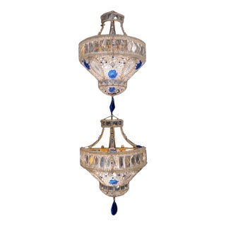 Empire Style Wall Sconces in Cut Glass and Cobalt Blue Glass, 1930s, Set of 2 For Sale