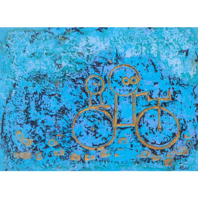Al Robi (American, 1921-2007), Two Figures Riding a Bicycle on a Blue Ground, signed lower right, wood frame. Image: 11" H...
