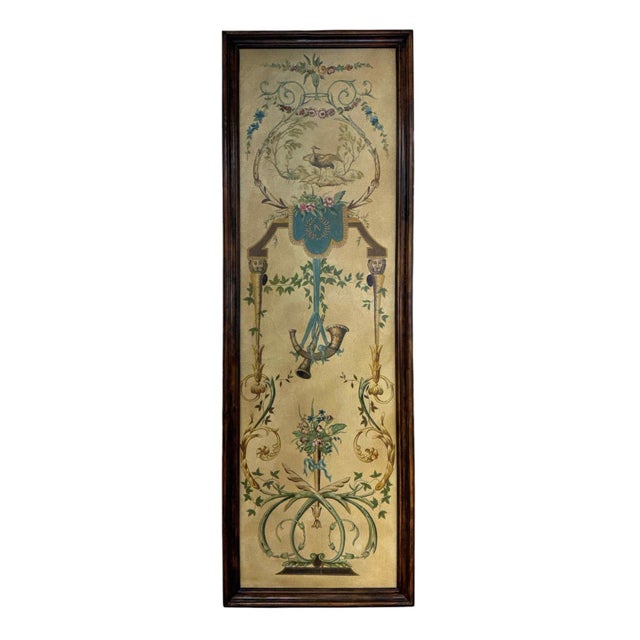 A pair of Theodore Alexander Decorative wall panels depicting cranes, botanicals, and musical instruments in shades of...