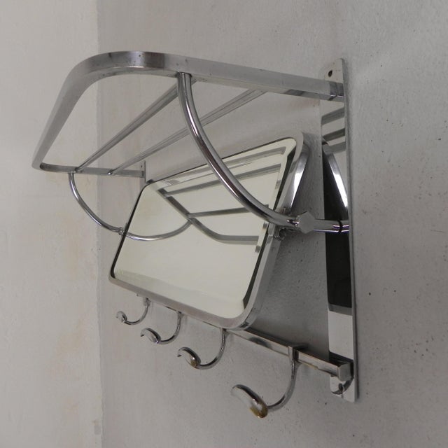 Metal Art Deco Wall Coat Rack with Adjustable Faceted Mirror in Chrome Frame, 1930s For Sale - Image 7 of 14