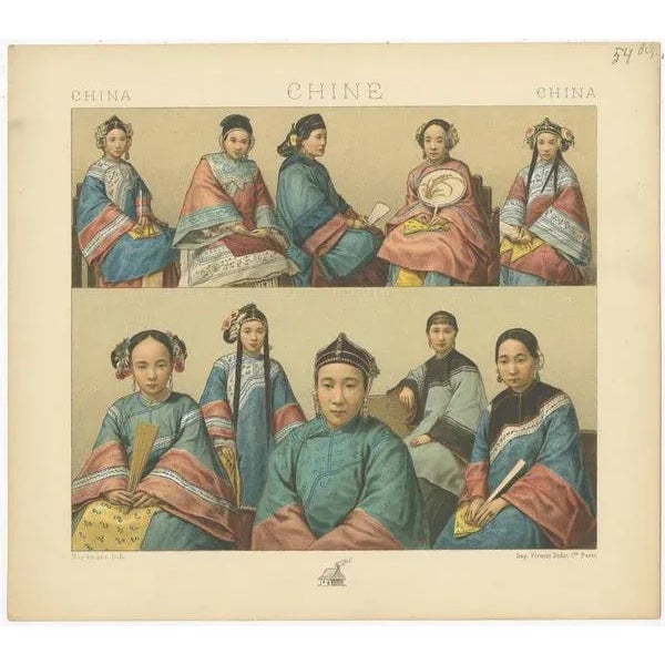 Antique print titled 'China - Chine - China'. Chromolithograph of Chinese costumes. This print originates from 'Le Costume...