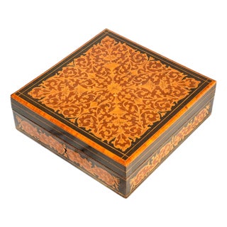 Intricate Patterned Large Antique Victorian Grand Tour Sorrento Ware Inlaid Wood Trinket Jewelry Box For Sale