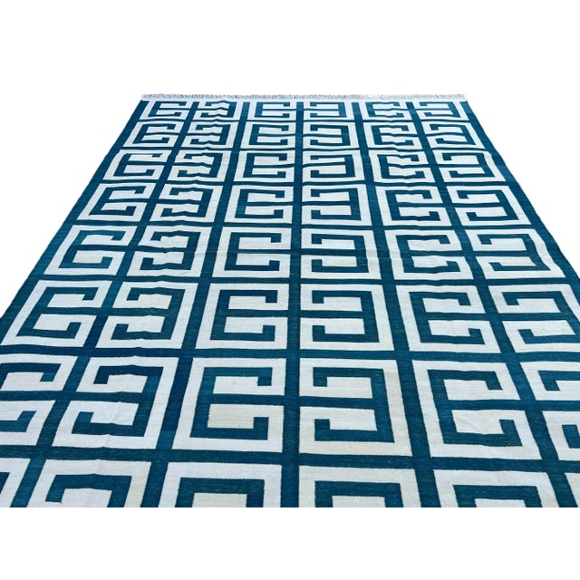 Teal Not Yet Made - Made To Order Handmade Cotton Natural Vegetable Dyed Teal Blue and White Geometric Pattern Rug - 5'x7' For Sale - Image 8 of 11