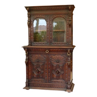 Antique Victorian Country Oak Bookcase with Carved Faces and Lions, 1860 For Sale