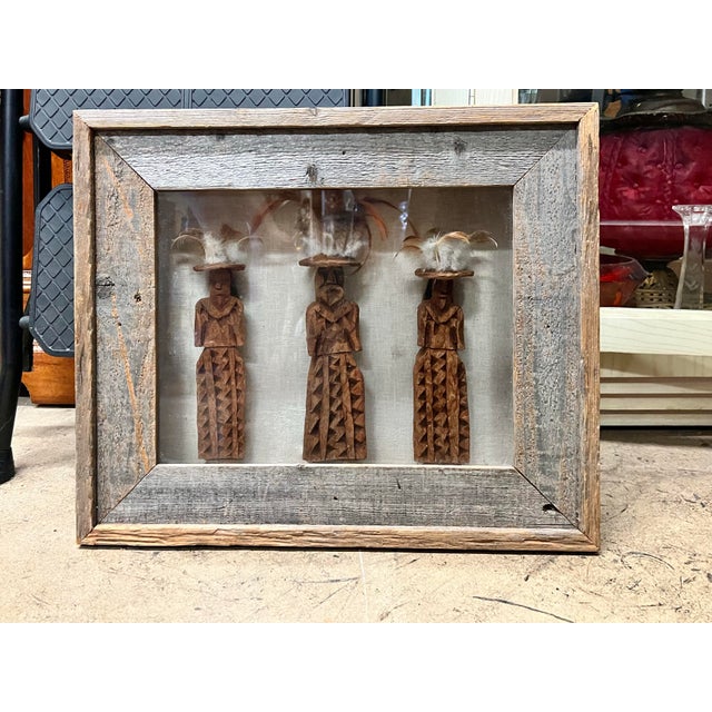 Late 20th Century Vintage Framed Mexican Tarahumara Primitive Pine Bark Spirit Dolls in Shadowbox For Sale - Image 5 of 6