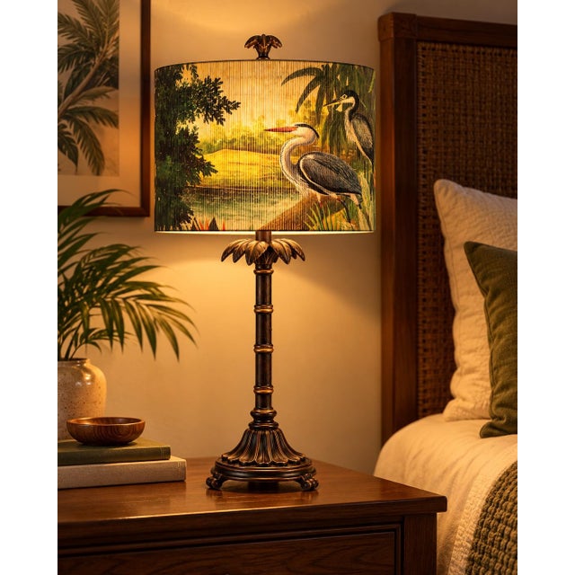 Tropical Heron Bamboo-Style Shade on Neoclassical Palm-Frond Table Lamp For Sale - Image 4 of 5