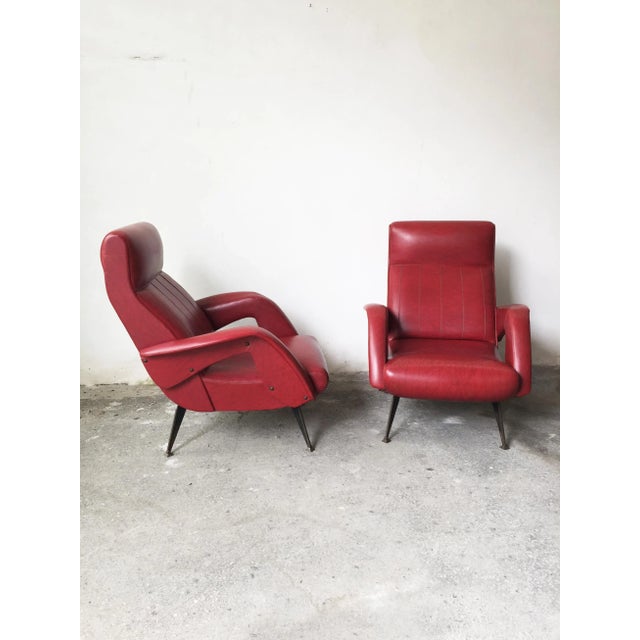 Metal Set of Mid-Century Red Faux Leather and Iron Lounge Chairs Attributed to Carlo de Carli For Sale - Image 7 of 11