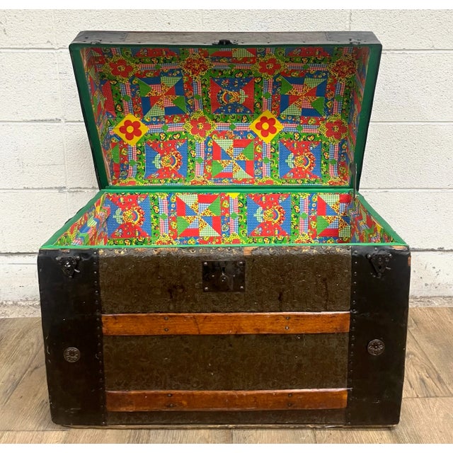 Antique Camel Back Steamer Trunk Chest With Tray For Sale - Image 4 of 7