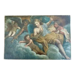 Oil on Canvas Biblical Allegory Celeste Cherubs and Trumpet 17th Century Italy
