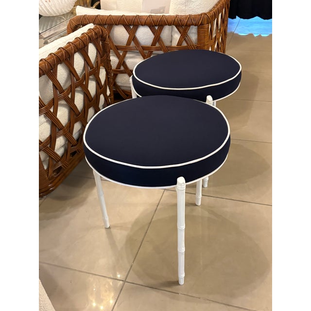 Pair Vintage Restored Faux Bamboo Metal Stools Benches Sunbrella Patio Outdoor For Sale - Image 11 of 12