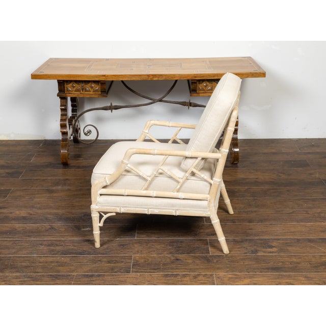 Beige English Midcentury Bleached Faux Bamboo Lounge Chair with Upholstery For Sale - Image 8 of 11