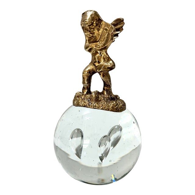 Vintage Gold-Tone Cherub on Bubble Glass Orb Paperweight For Sale