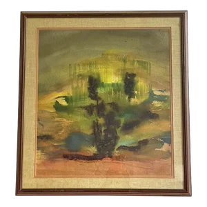 Abstract Impressionist Gouache MCM Postmodern Painting Art Signed 1950s