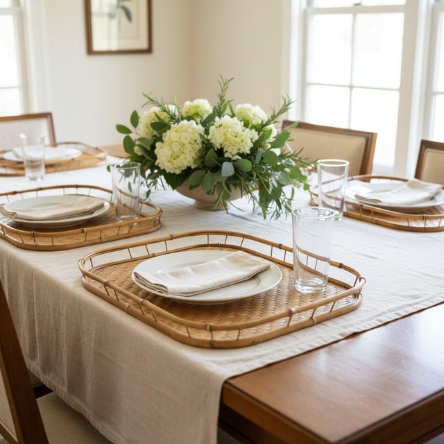 Vintage c. 1960s–70s set of seven bamboo and woven rattan serving trays, a classic form associated with the era's...