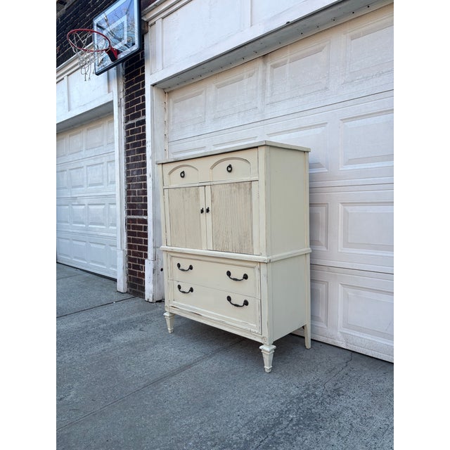 Vintage French Country Cabinet Dresser, Distressed Cream Chest With Cabinet Doors, Cottage Farmhouse Storage Furniture, French Bedroom Chest For Sale - Image 4 of 12