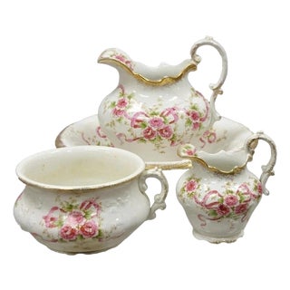 Antique W.H. Tatler Porcelain Pink Rose Flower Victorian Bath Wash Basin - 4 Pc Set For Sale