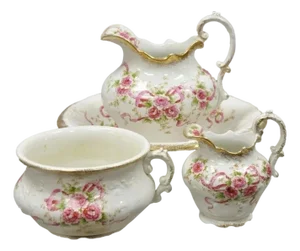 Antique W.H. Tatler Porcelain Pink Rose Flower Victorian Bath Wash Basin - 4 Pc Set