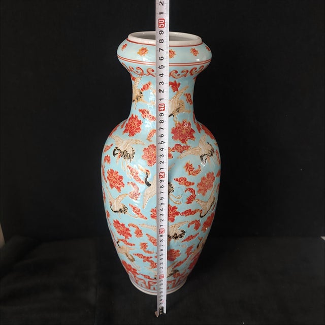 Chinese Ceramic Vase,Kangxi Marked Famille Rose Porcelain Vase Hand Painted Cranes and Flowers Pattern For Sale - Image 10 of 11