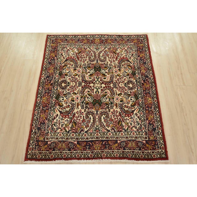 Farmhouse Fine Bidjar Rug 3’11” X 4’7” Ivory Wool Vintage Hand-Knotted Oriental Carpet For Sale - Image 3 of 12