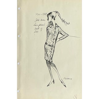 Vintage Boho Original Louis Feraud Fashion Sketch on Paper For Sale