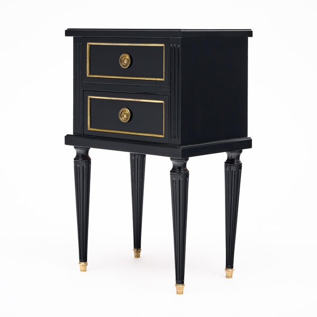 Brass Pair of French Louis XVI Style Ebonized and Brass Two-Drawer Side Tables For Sale - Image 8 of 9