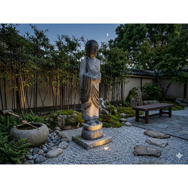 Chinese Weathered Black Gray Patina Stone Standing Monk Luohan Arhat Statue For Sale - Image 12 of 12