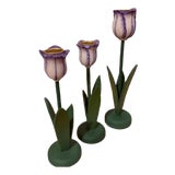 Vintage Wood Flowers Tulips Shaped Candle Holders - Set of 3 For Sale