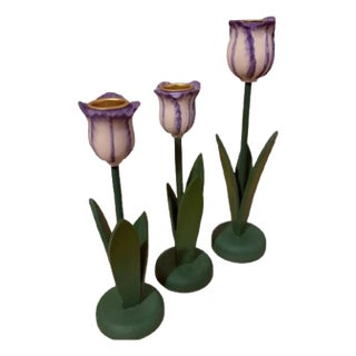 Vintage Wood Flowers Tulips Shaped Candle Holders - Set of 3 For Sale