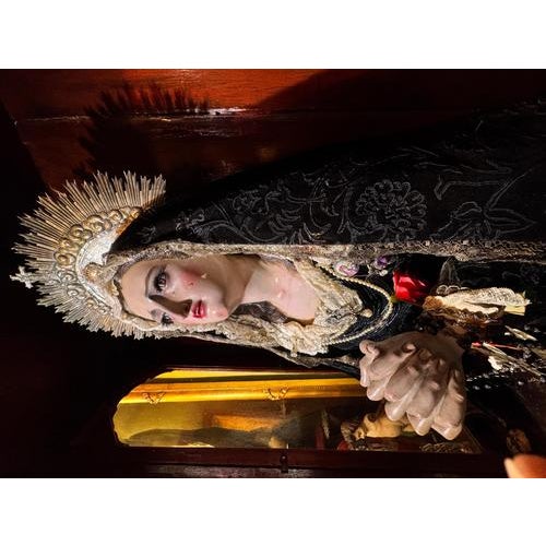Salzillo, Our Lady of Sorrows, 18th Century, Polychrome Wood with Silver Crown in Display Case For Sale - Image 6 of 10