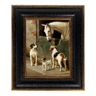 "Dog and Horse at Stable" Contemporary Reproduction Print on Canvas, Framed For Sale