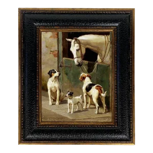 "Dog and Horse at Stable" Contemporary Reproduction Print on Canvas, Framed